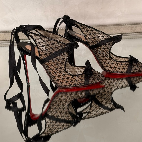 Christian Louboutin Shoes - Christian Louboutin Black Lace Peep-Toe Ribbon Tie Pumps with Red Sole